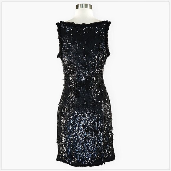 Bebe Black Sequin Stretch Ruffle Trim Bodycon Holiday Party Dress NWT NEW XS - Picture 3 of 5